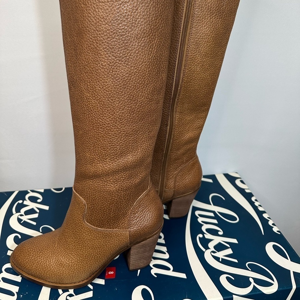 Lucky Brand Epositoh Honey Cornelian Leather Knee-High Boots Size 8 Block Heels - Picture 10 of 15